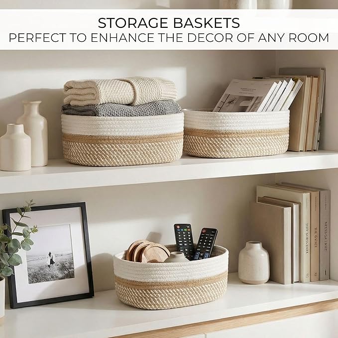 Beautiful Storage Basket Set of 3 - Sturdy Cotton Rope Baskets for Shelves Are Perfect for Organizing Your Home - Quality Storage Bins Easily Fit With Any Nursery or Bedroom Decor