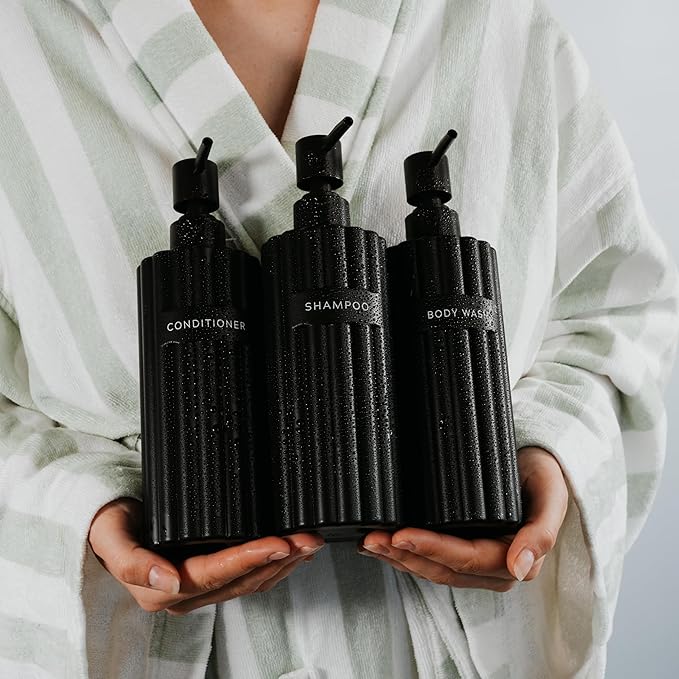 Stylish Shampoo and Conditioner Dispenser Set of 3 - Modern 19oz Shower Soap Bottles with Pump and Labels - Easy to Refill Body Wash Dispensers for an Instant Bathroom Decor Upgrade