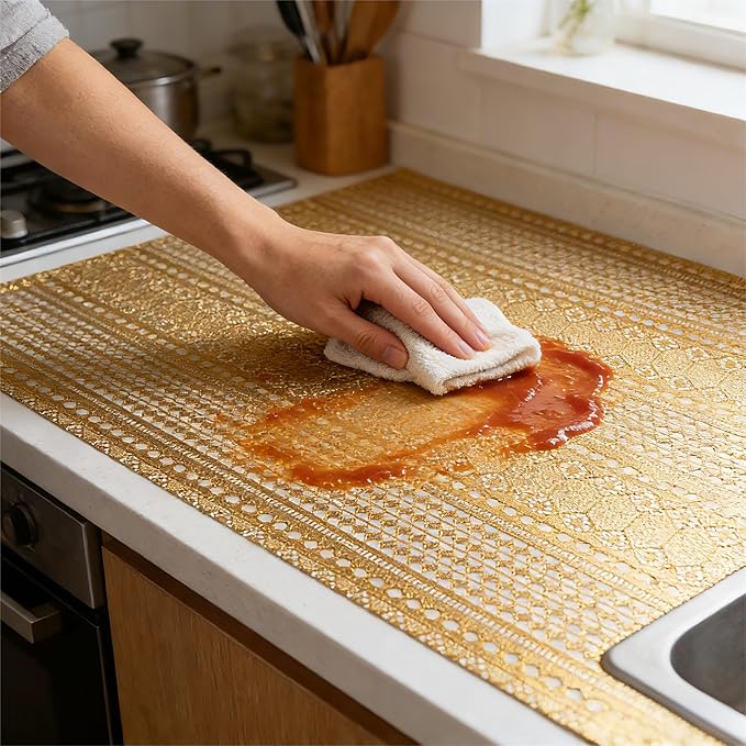 Shelf and Drawer Liner for Kitchen Cabinet,Non-Adhesive Waterproof Oil-Proof Easy Clean Shelf Liner for Dresser & Bathroom Vanities with Adhesive Dots & Cutting Tool(12 in X 10 Ft Gold Lace)