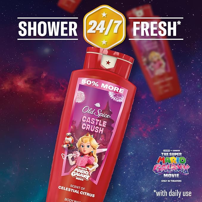 Old Spice Body & Face Wash for Men, x The Super Mario Galaxy Movie, 3X Defense, 24/7 Shower Fresh with Long Lasting Scent, Smell Super with Castle Crush, Celestial Citrus Scent, 24 oz