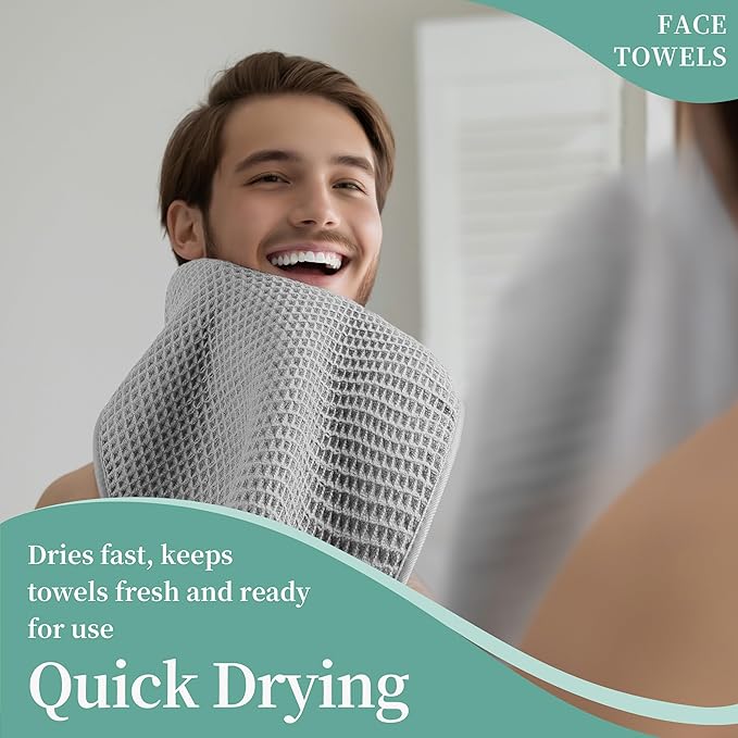 Microfiber Waffle Face Towels, 4 Pieces, Soft, Absorbent, Fast Drying, Lint Free 430 GSM (Silver)