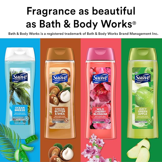 Suave Moisturizing Body Wash, Cocoa Butter and Shea with Vitamin E Extract, No Parabens, No Phtahaltes, 18 Oz (Pack of 12)