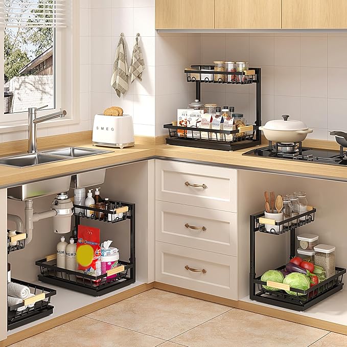 2 Packs Under Sink Organizer, Height Adjustable 2 Tier Under Kitchen Sink Organizer, Multi-Purpose Storage Shelf for Kitchen Bathroom Cabinet (Black, Extra Large)