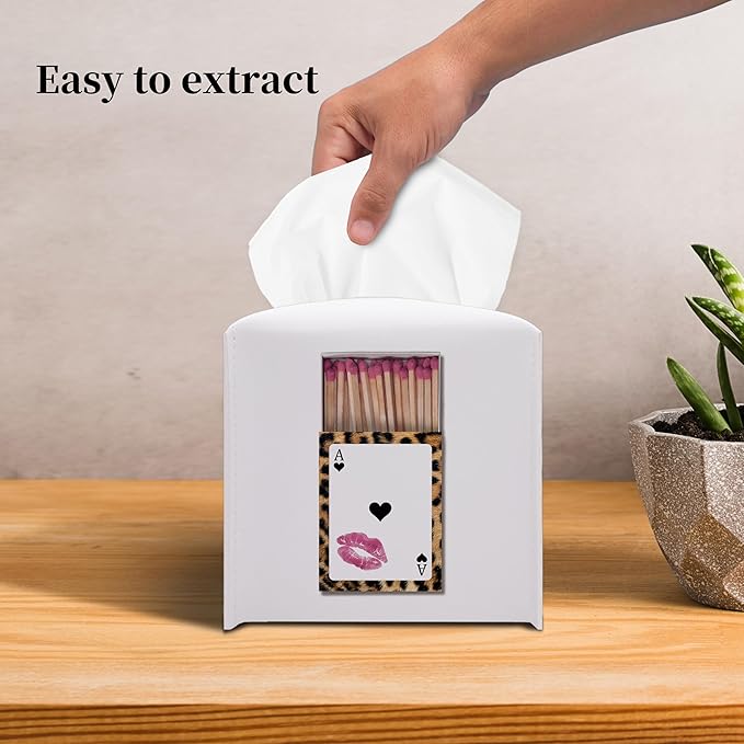Grace Yonks Cute Tissue Box Cover Square - Leopard Print Playing Card & Lip Print Match Case Design 5.2" PU Leather Holder for Vanity, Desk, Bathroom Counter - Cube Case for Facial Tissues(013)