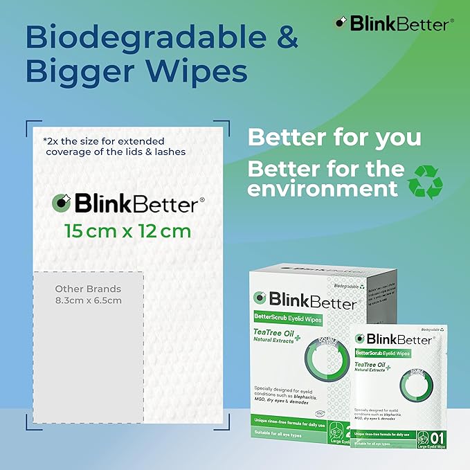 Tea Tree Oil Eyelid Wipes- 60 (Pack of 3) Natural Blepharitis, MGD & Dry Eye Relief Wipes | Cleansing, Soothing, Dual-Textured, Triple Moisture Formula | Biodegradable & Gentle