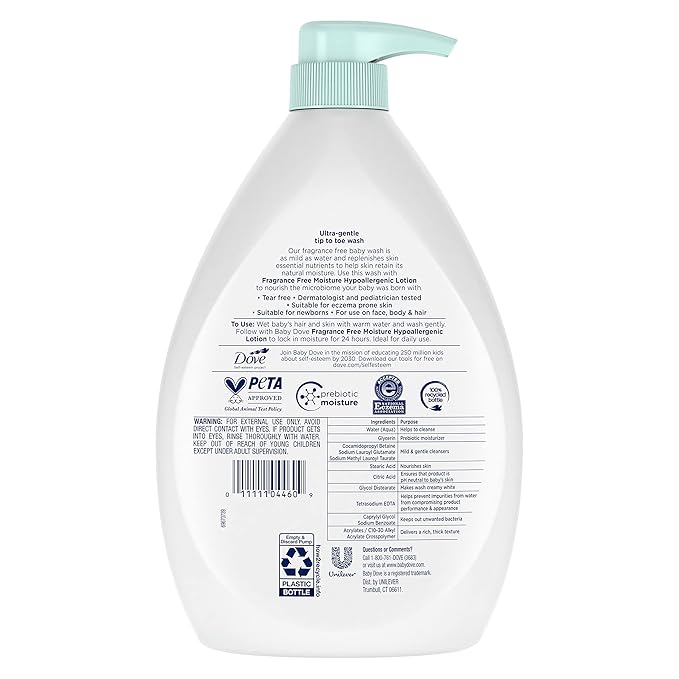 Baby Dove Sensitive Skin Care Baby Wash Fragrance Free Moisture For Baby Bath Time Fragrance Free and Hypoallergenic, Washes Away Bacteria 34 oz (Pack of 1)