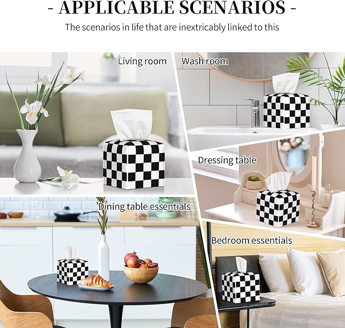 Black and White Checkerboard Tissue Box Cover Square,Square Grid Checkered Tissue Box Holder Waterproof Leather Facial Paper Organizer Dispenser for Bathroom Home Car Nightstand Vanity Desk