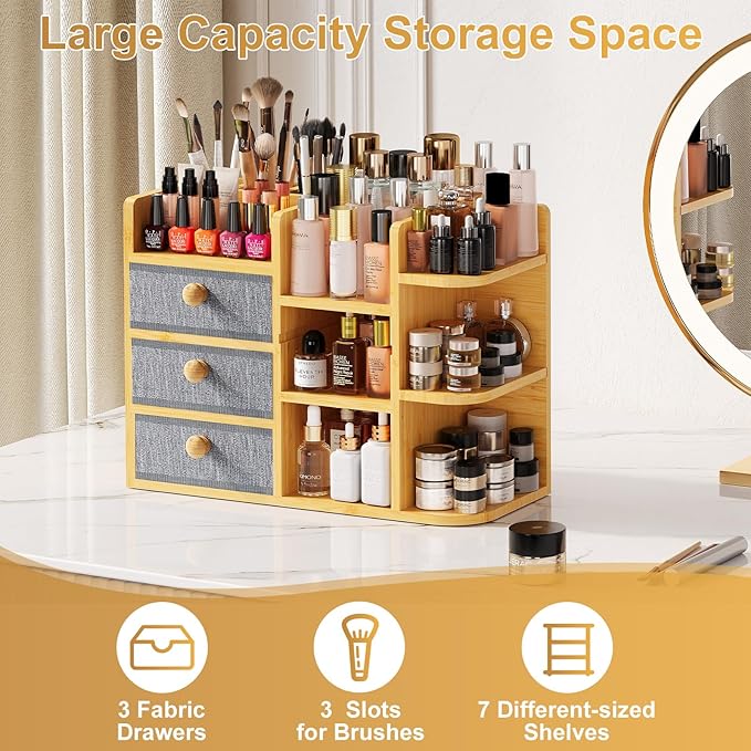 Large Makeup Organizer For Vanity, Large Capacity 3 Tiers Bamboo Bathroom Counter Organizers and Storage, Countertop Makeup Brush Holder, Nail Polish Perfume Stand with 3 Drawers and 10 Compartments