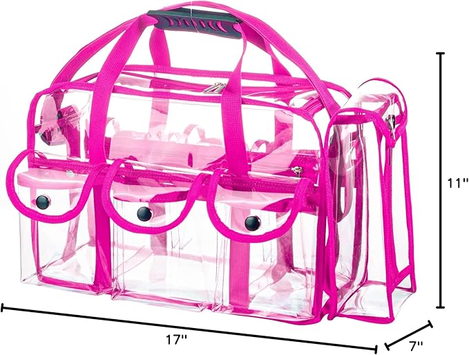 Wide Opening Large Professional Clear PVC Travel Makeup Artist Set Bag Cosmetic Nails Beauty Bags Transparent Vinyl Tool Organizer Beach Bags Diaper Bag with 6 External Pockets & Strap (Pink)