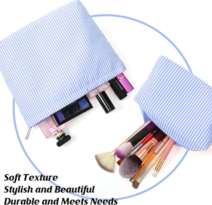 2 Pcs Makeup Bag Set Cute Cosmetic Pouch for Women Seersucker Travel Toiletry Bag Preppy Small Makeup Purse Pouch Aesthetic Skincare Brushes Storage Organizer for Valentine Women(Blue)
