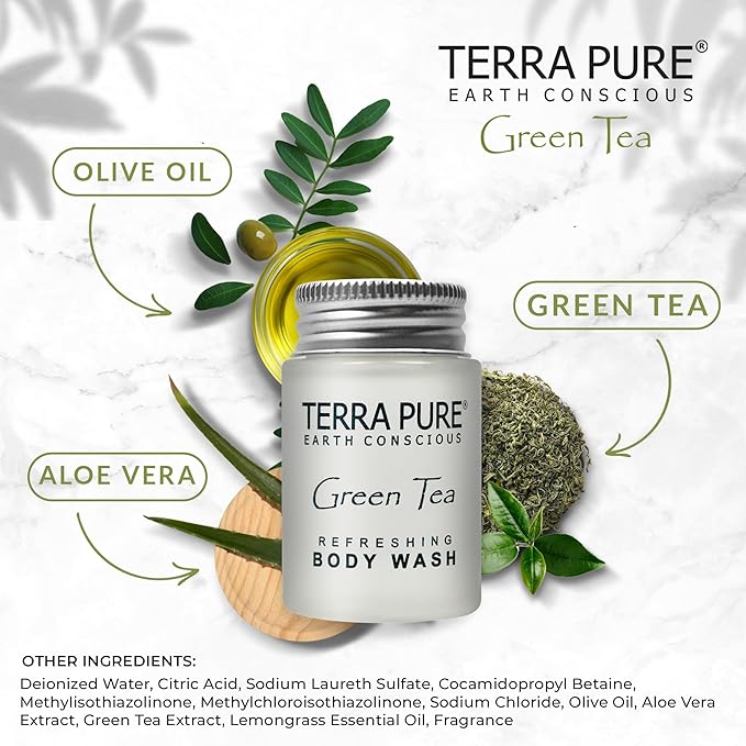 Terra Pure Travel Size Hotel Body Wash 300 Count 1 oz Bottles Guest Amenities for Hotels Vacation Rentals and Short Term Rentals Paraben Free Green Tea Scent Infused with Aloe and Olive Oil