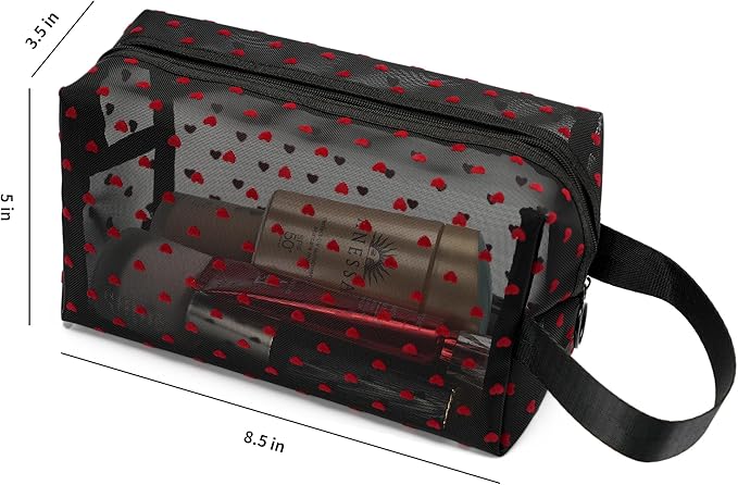 Portable Mesh Makeup Bag with Zipper Small Travel Toiletry Bag Lightweight Cosmetic Pouch (Black&Red Heart with Handle)