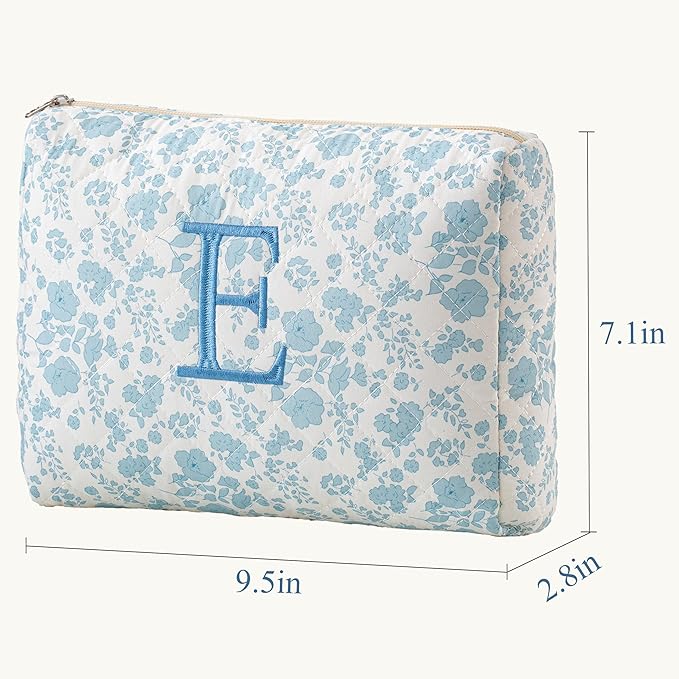 HBselect Initial Quilted Makeup Bag, Cotton Large Travel Makeup Bag, Cute Floral Coquette Make up Bag Cosmetic Bag Toiletry Bag for Women Girls E