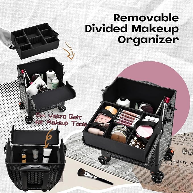 5 in 1 Makeup Train Case, Cosmetology Case on Wheels Travel Make up Case Rolling Nail Cart Makeup Organizer Cosmetic Storage Box Cases Extra Large Trolley Truck with 360° Swivel Wheels, Black