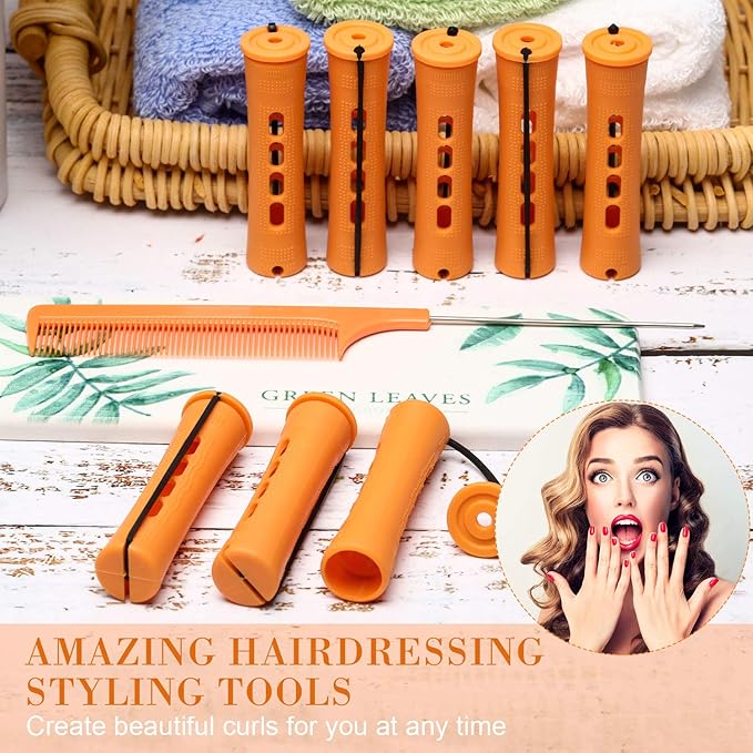 Chuangdi 24 Pcs Hair Perm Rods Plastic Cold Wave Perming Curlers Hair Rollers with Steel Pintail Comb Rat Tail Comb Tools for Hairdressing Styling(Orange,0.87inches)