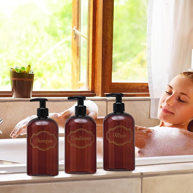 Bottiful Home-16 oz Shampoo, Conditioner, Wash Refillable Empty Plastic Pump Bottle Dispenser Set (Amber)