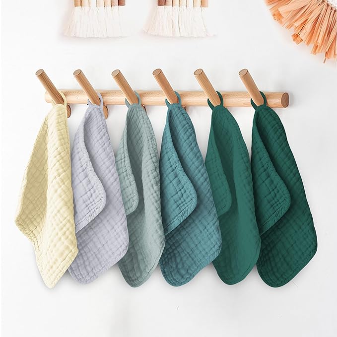 12 Pack Muslin Washcloths for Baby - 100% Cotton Baby Wash Cloths for or Baby Face Body Comfy and Soft for Newborn Infants Kids Girls and Boys - 12"x12" - Ivory, Slate and Emerald Series