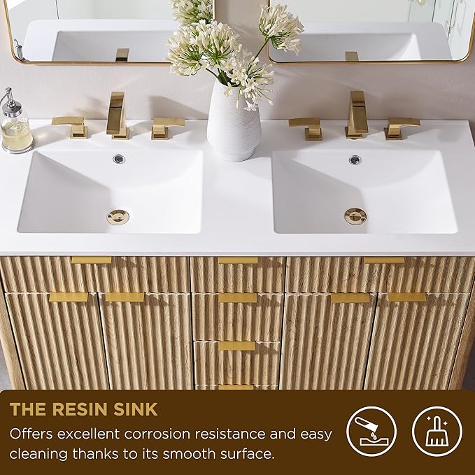 T4TREAM 48" Fluted Bathroom Vanity with Resin Sink Combo，Freestanding Modern Bathroom Storage Vanity Cabinet with Soft Closing Doors & 2 Drawers，Wood Grain Texture，Metal Handle，Natural Oak