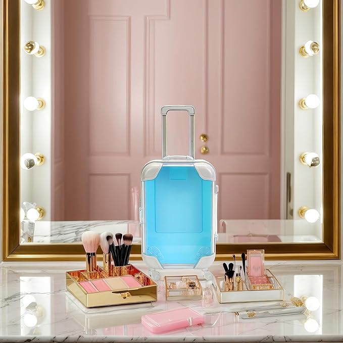 False Eyelash Storage Box, Portable Travel Organizer Mini Luggage False Eyelash Tray Makeup Tool (BLUE)