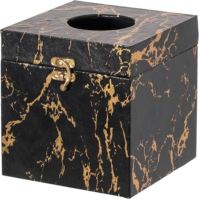 Black and Gold Marble Tissue Box Cover for Kleenex Box, Modern Elegant Tissue Box Holder with Lock for Bathroom, Bedroom, and Living Room, Square Shape Toilet Tissue Holder Organizer