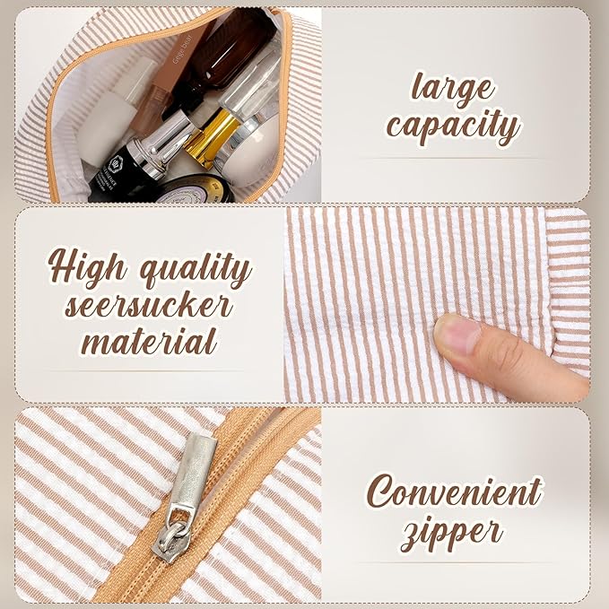 Sanwuta 6 Pcs Seersucker Cosmetic Bag Bulk Pinstripe Makeup Bag for Women Aesthetic Cute Travel Toiletry Organizer Preppy Storage Pouch for Wedding Bridesmaid Christmas Gift (Large, Khaki)