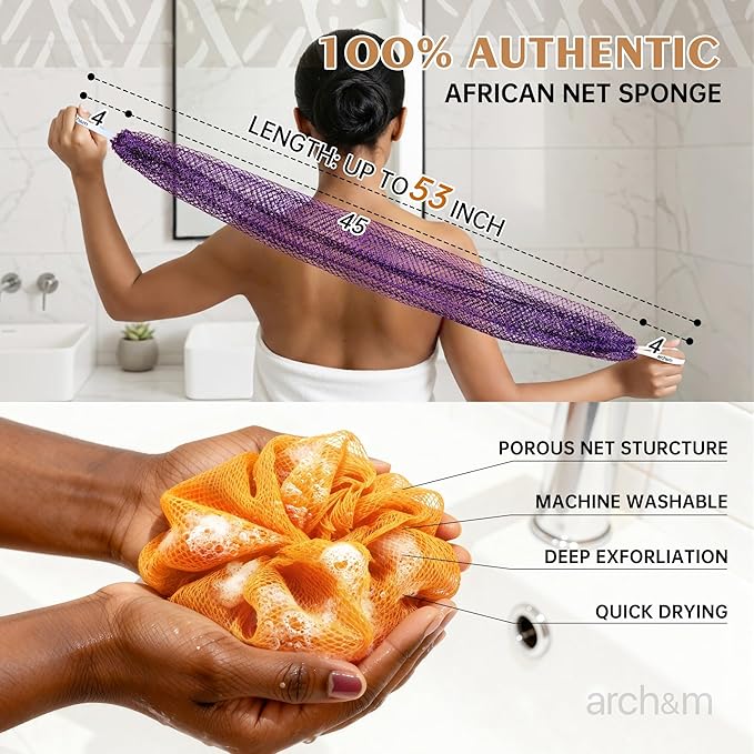ARCH&M African Net Sponge Authentic - Authentic Exfoliating Shower & Bath Loofah, 53" Long Back Scrubber, Quick-Dry Mesh Body Sponge for All Skin Types, Sensitive-Skin Friendly, Travel Toiletry Bag