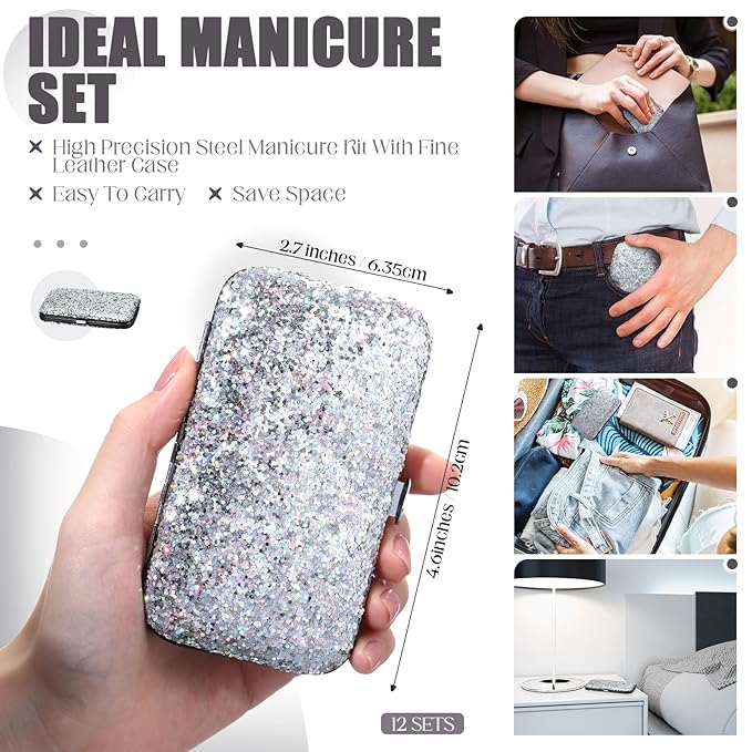 Geosar 12 Set 8 in 1 Manicure Set Stainless Steel Nail Clippers Kit Pedicure Care Tools with Leather Case Travel Grooming Kit Gift for Women Men Gift(Glitter Silver)