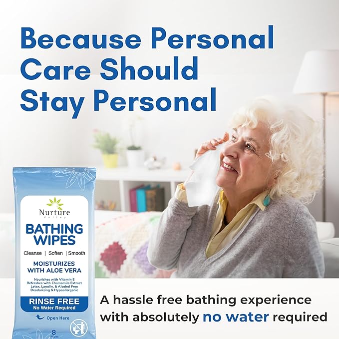 Nurture Rinse Free Bathing Wipes for Adults w/Aloe | Waterless Cleansing for Sensitive Skin | Disposable Adult Body Bath Wet Wipe for Disabled, Bedridden | 192 wipes