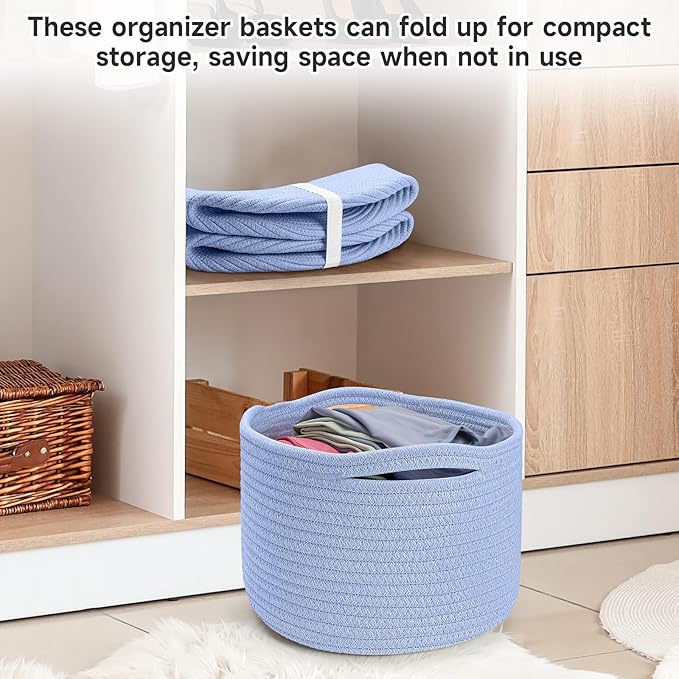 Small Rope Baskets for Storage, Baskets for Gifts Empty, Cute Round Woven Basket, Decorative Shelf Baskets 9.82×9.82×7.1", Cotton Toy Basket Storage Bins for Organizer 3 Packs-Skyblue
