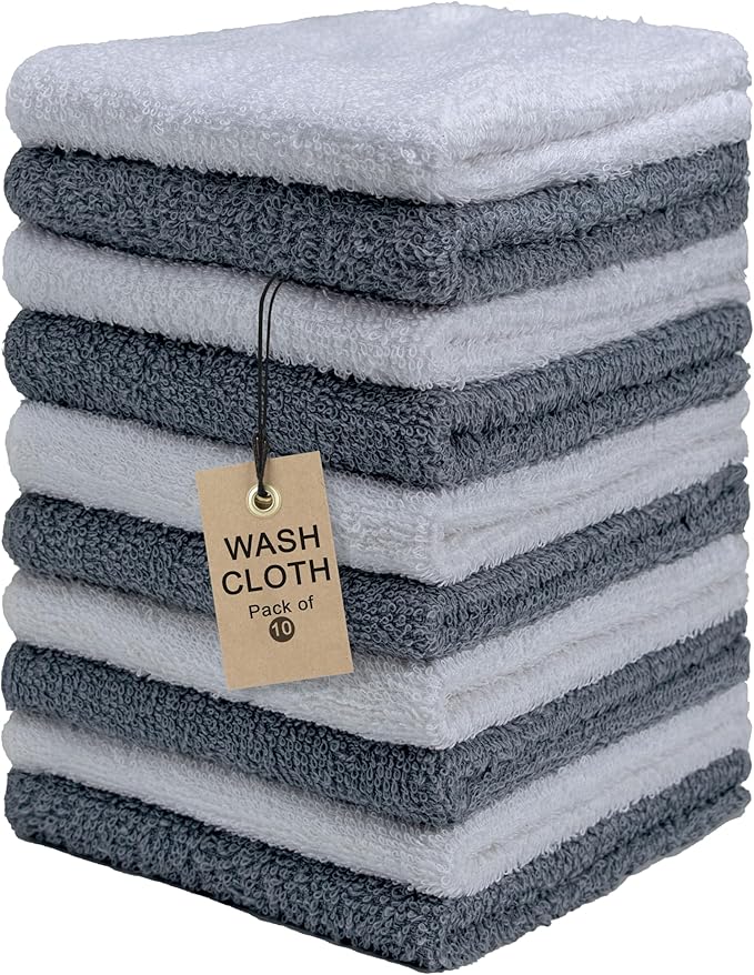 Terry Washcloths – 12x12 Inches – Pack of 10 – Grey & White – Highly Absorbent, Soft Feel and Multipurpose Cotton Wash Cloths for Everyday Use