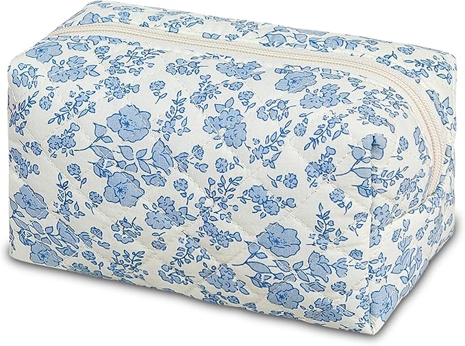 Quilted Makeup Bag Floral Cotton Make up Bag Puffy Coquette Makeup pouch Aesthetic Cute Travel Toiletry Bag for Women Girls