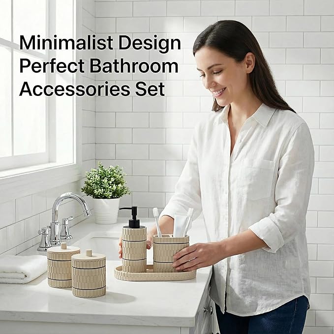 Bathroom Accessory Set, 6 Piece Bathroom Essentials Sets Accessories, Soap Dispenser Set, Toothbrush Holder, Vanity Tray, Tumbler, Cotton Swab Jars, Decor Organizer for Modern Bathrooms(Beige)