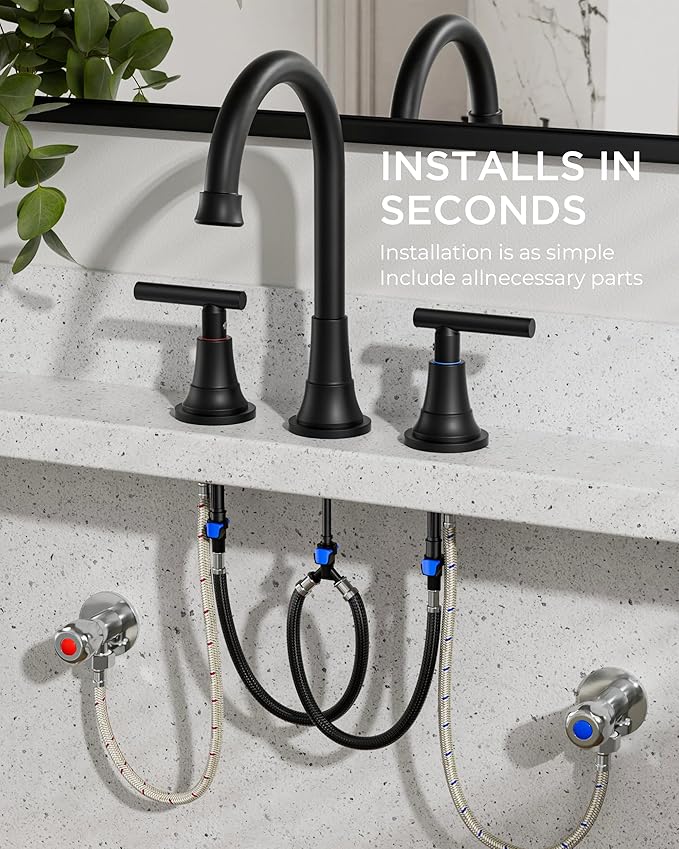 FORIOUS Matte Black Bathroom Faucet 3 Holes Vanity, 2 Handle 360° Swivel 8 In Widespread Black Bathroom Sink Faucet 3 Hole, with 360 Degree Rotating Spout, Pop-up Drain, Supply Lines, 2 Pack