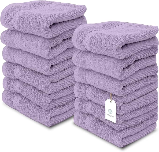 White Classic Luxury Cotton Washcloths 13x13 Inch - 650 GSM Turkish Cotton | Hotel, Spa, Bathroom Face Towel | 12 Pack, Lavender