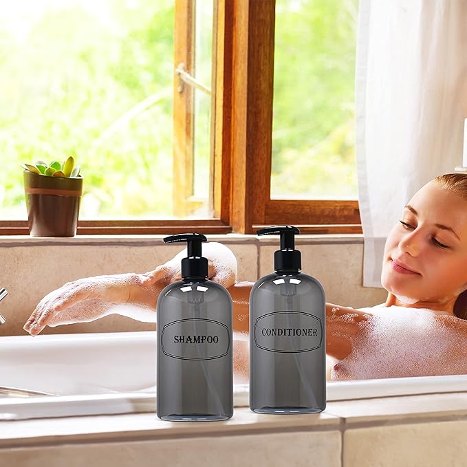 Bottiful Home-16 oz Shampoo and Conditioner Refillable Empty Plastic Pump Bottle Dispenser Set (Gray)