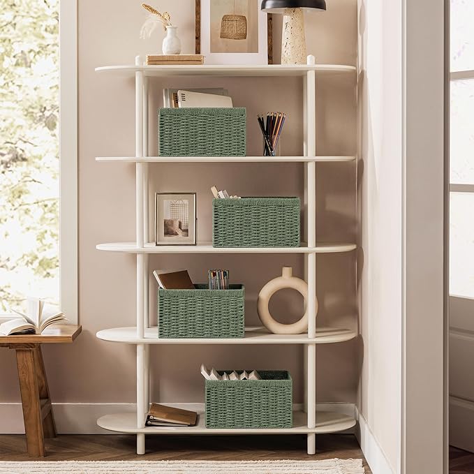 UBBCARE 4 Pack Wicker Basket, 13.4L×8.3H×7.1W inch Woven Paper Rope Storage Baskets for shelves, Foldable Rectangular Storage Baskets with Handle, Storage Basket for Organizing, Green