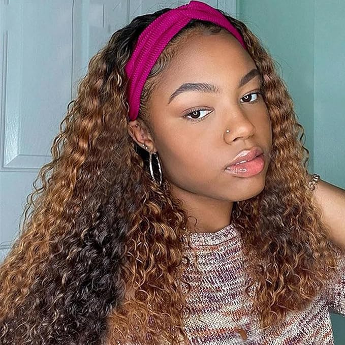 Aiterina 18 Inch Highlight Ombre Headband Wig Deep Wave Human Hair Wigs None Lace Front Machine Made Colored Wig Natural Hairline Half Wigs for Black Women 150% Density