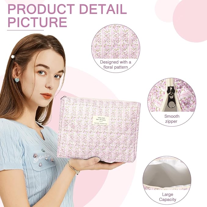 2PC Makeup Bag Set, Cute Cosmetic Bag for Women Girls, Floral Coquette Aesthetic Toiletry Bag, Travel Make Up Organizer Bag (Pink Floral)