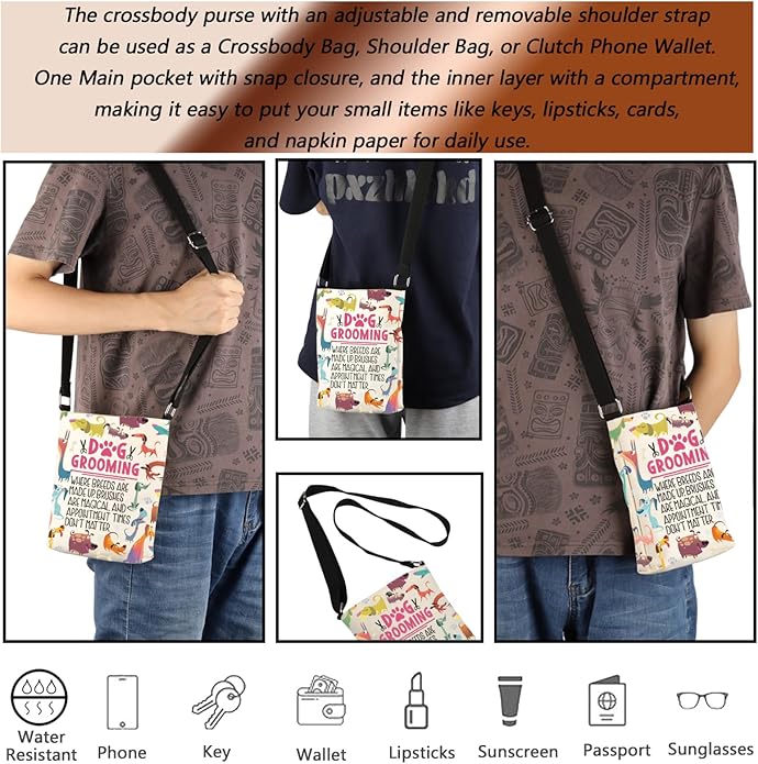 MBMSO Dog Groomer Small Cross Body Shoulder Bag Dog Grooming Gifts Dog Makeup Bag Dog Lovers Gifts Dog Print Crossbody Purse