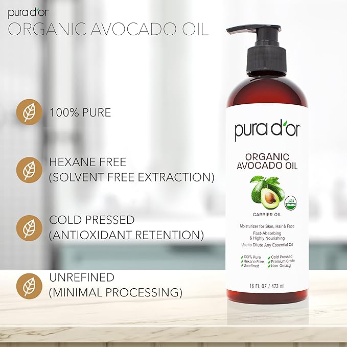PURA D'OR 16 Oz ORGANIC Avocado Oil-100% Pure&Natural USDA Certified Cold Pressed Carrier Oil For DIY Beauty,Non-Greasy,Unscented,Hexane Free Liquid Moisturizer-Face Skin&Hair-Men-&Women,(Pack of 2)