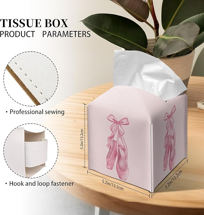 Grace Yonks Cute Pink Ballet Shoes Tissue Box Cover Square, Cube Case for Facial Tissues, 5.2" PU Leather(074)