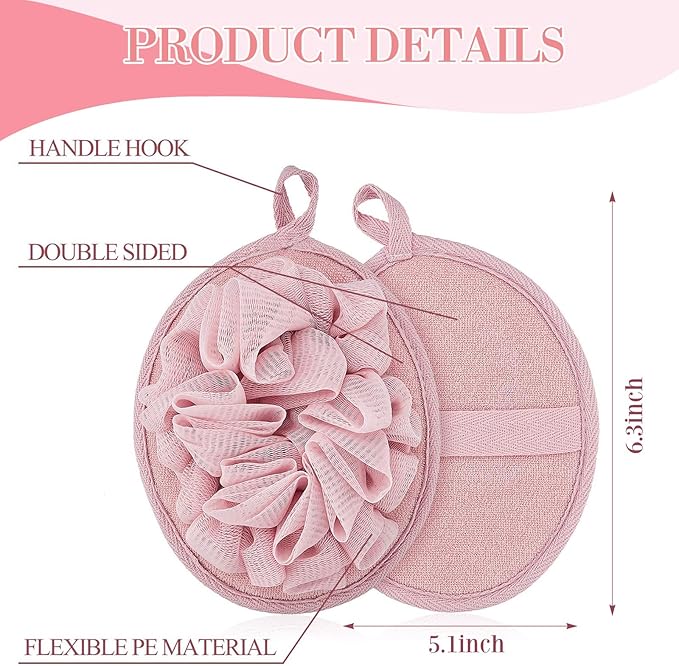 Boao 3 Pcs Bath Shower Pouf Sponge Mesh Pouf Shower Ball Exfoliating Body Sponge Pad Scrubber Glove with Flower Bath Ball (Khaki,Dark Brown,Dark Pink)