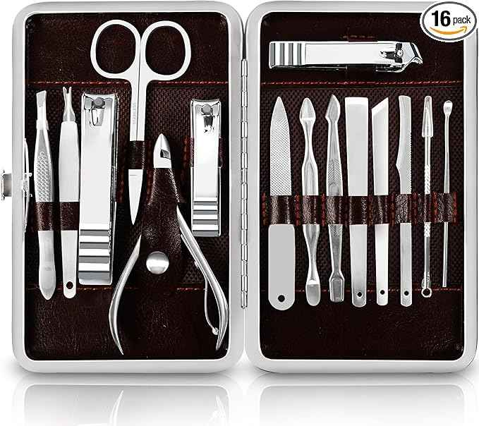 Utopia Care, Manicure Kit for Women and Men, Manicure Set with Nail Clippers, Nail Kit Includes Fingernail, Toenail Clippers,16Pcs Pedicure Kit Stocking Stuffers with Travel Case, Silver