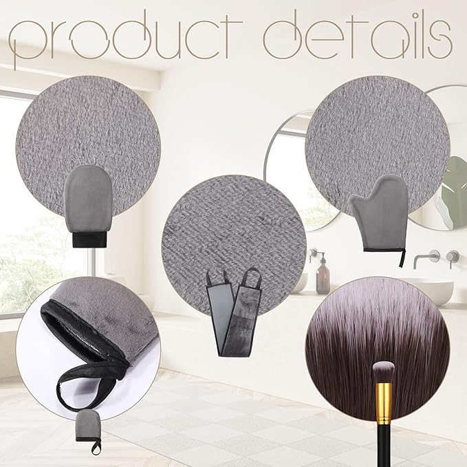 Boao 5 Pieces Self Tanning Mitt Applicator Kit, Includes Tanning Mitt, Exfoliating Glove, Mini Face Glove, Back Lotion Applicator, and Large Brush Makeup(Gray)