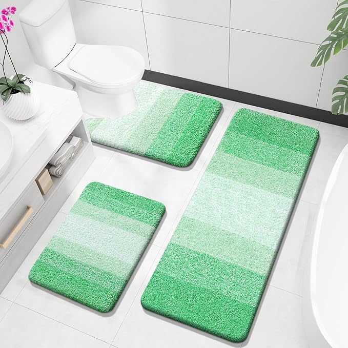 OLANLY Bathroom Rugs Sets 3 Piece, Soft Absorbent Microfiber Bath Mats and U-Shaped Contour Toilet Rug, Plush Shaggy Bath Mat Set for Bathroom (47"x20"+24"x16"+24"x20", Green)