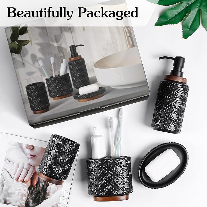 Elegant Bathroom Accessories Set 4 PCS Ceramic and Wood Bathroom Accessory Set Soap Dispenser Toothbrush Holder Tumbler Soap Dish Easy to Clean Quatrefoil Pattern Black
