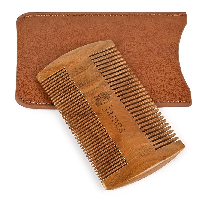 Onedor Wooden Comb, Personalized Custom Fine Tooth Combs for Men's Hair, Beard & Mustache, Anti-Static Sandalwood Comb, 100% Nature Handmade, Customized Gifts for Men - With Leather Case