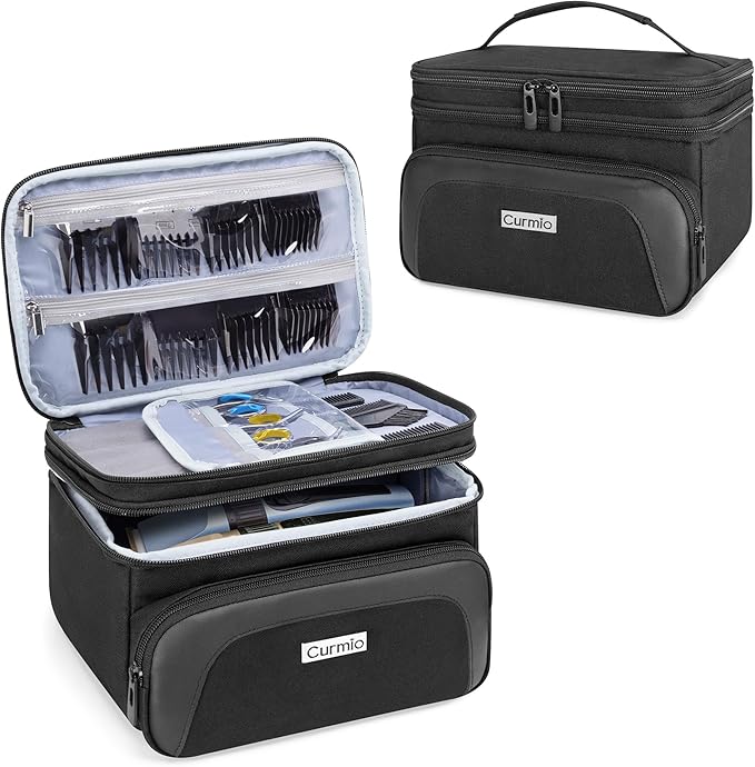 CURMIO Travel Carrying Case for Hair Clipper, Double Layer Barber Supplies Hair Cutting Tools Storage Bag Compatible with Ufree/Wahl/Andis/Hatteker/Osterpro and Most Standard Men Hair Trimmer