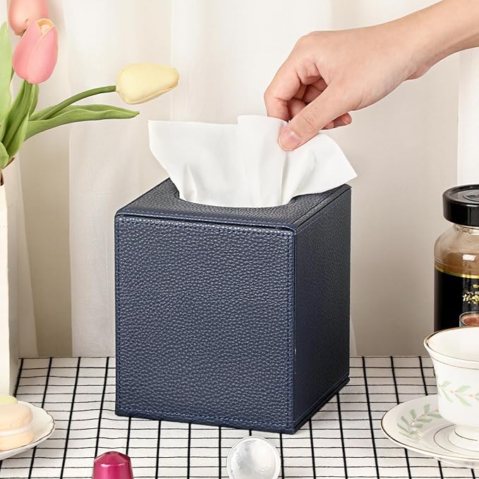 Sumnacon Tissue Box Cover Square Tissue Box Stylish PU Tissue Box Holder with Magnetic Bottom,Leather Cube Tissue Cover for Living Room Bathroom Bedroom Table Desk Home Office Car, Navy Blue