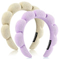 Spa Headbands, Set of 2, Terry Cloth Headband for Washing Face or Facial, Puffy Makeup Headbands for Face Washing, Mask, Beige + Purple (1 Beige & 1 Purple Combo Pack)